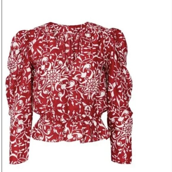 The Kooples Botanical-Print Puff-Sleeve Peplum Silk Top - Picture 2 of 11